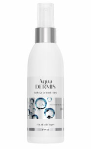 Botella de AquaDERMIS con ácido hipocloroso para la curación de la piel en centros dermatológicos.